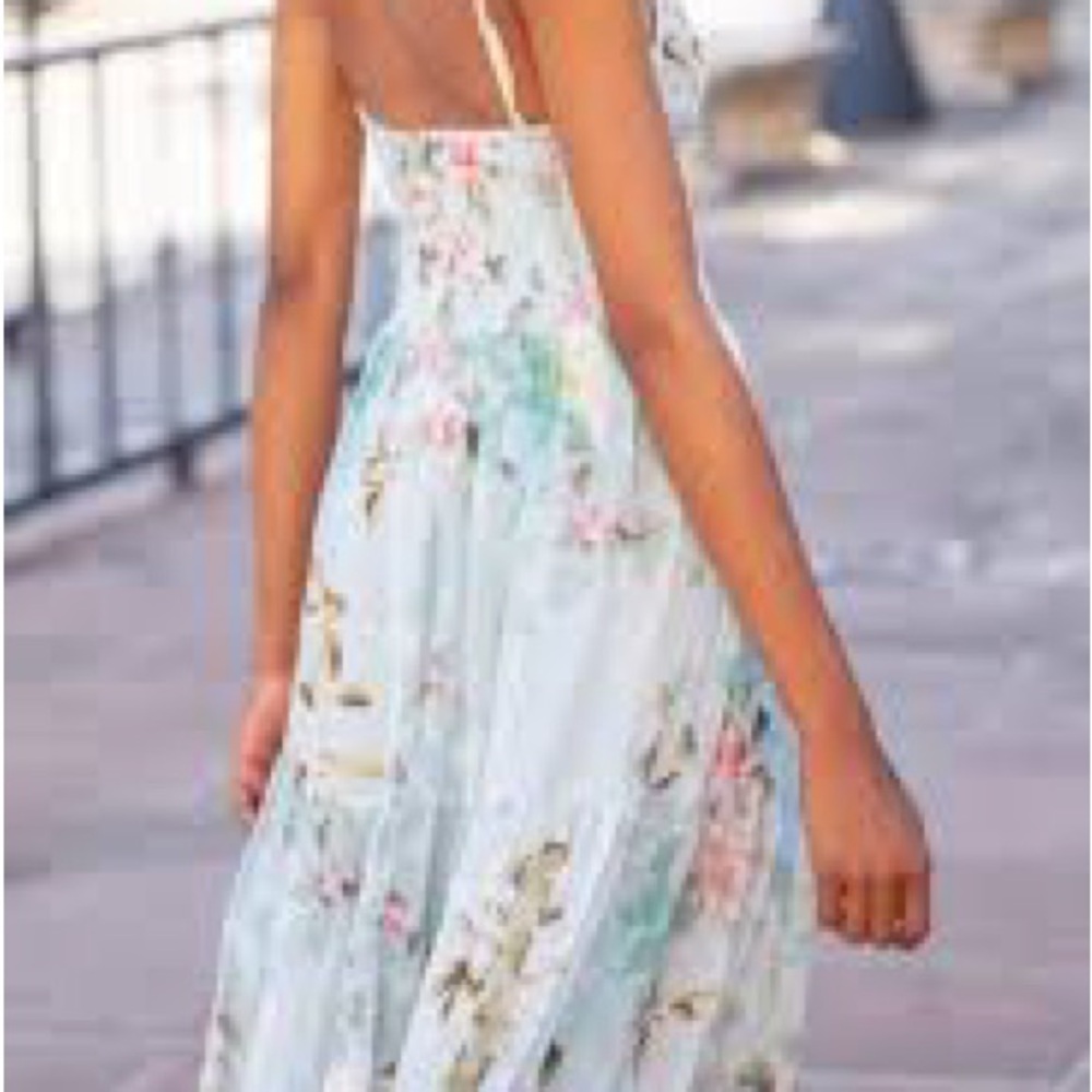 Blue Tiered Maxi Sundress with Spaghetti Straps for Wedding Guest - Picture 2 of 4